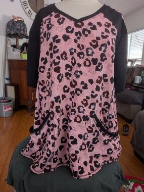 NFINITY Pink Leopard Print with Black Accents Scrub Top 2XL